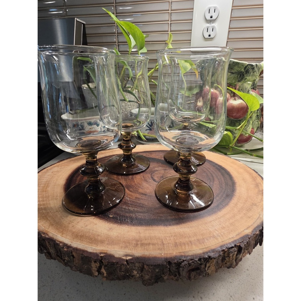 Set Of 4 Vintage 1970s Libbey Tulip Smokey Brown Stem Goblets Champagne Glasses